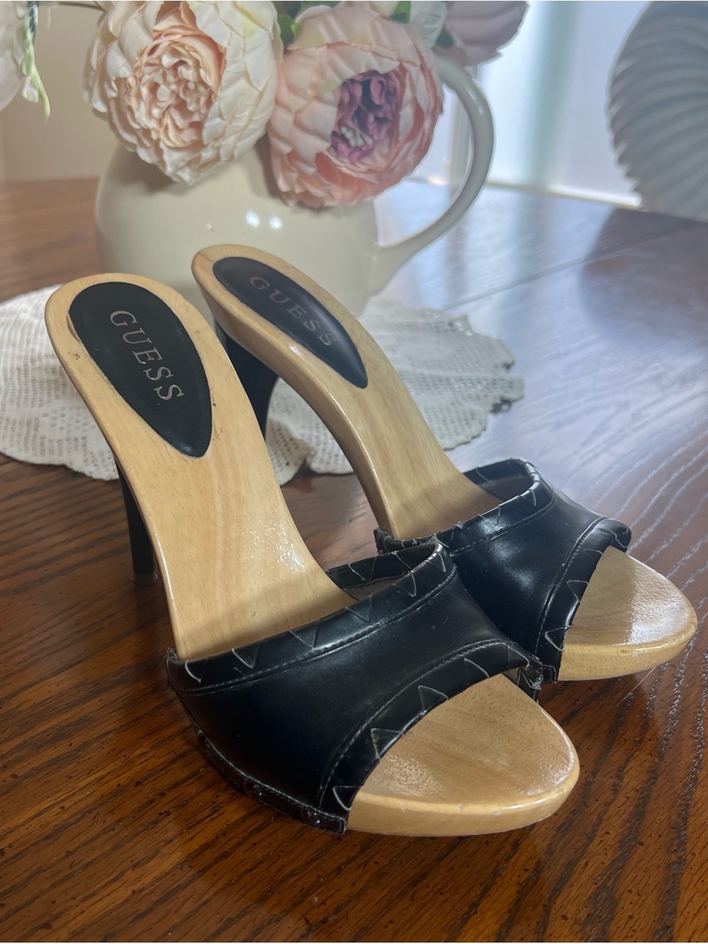GUESS Black Faux Leather Open-Toe Wood-Effect Heel Mules